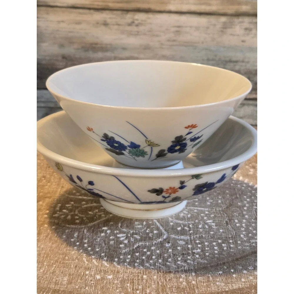 😎Vintage Japanese Floral Porcelain Lidded Rice Bowl Set Blue‎ Gold Rim Mark